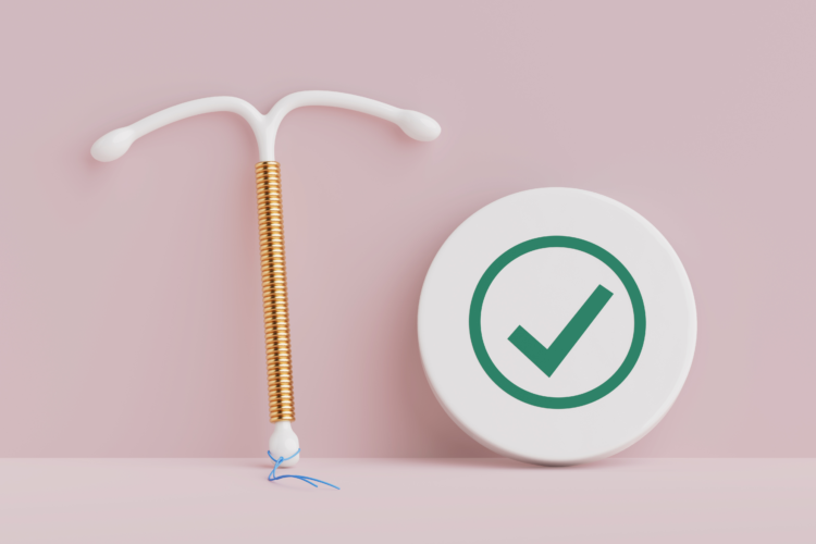 Contraception Safety And Reproductive Health Approval Concept. Intrauterine Device Beside Checkmark Icon On Pink Background. 3d Rendering