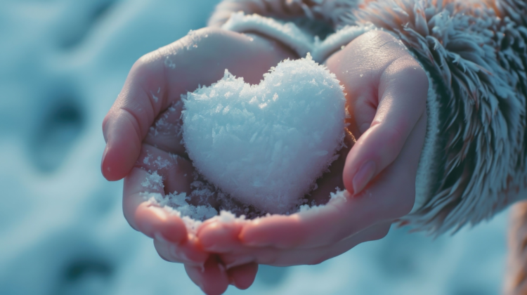 A person holding a snow heart in their hands. Perfect for winter-themed designs and Valentine's Day projects.
