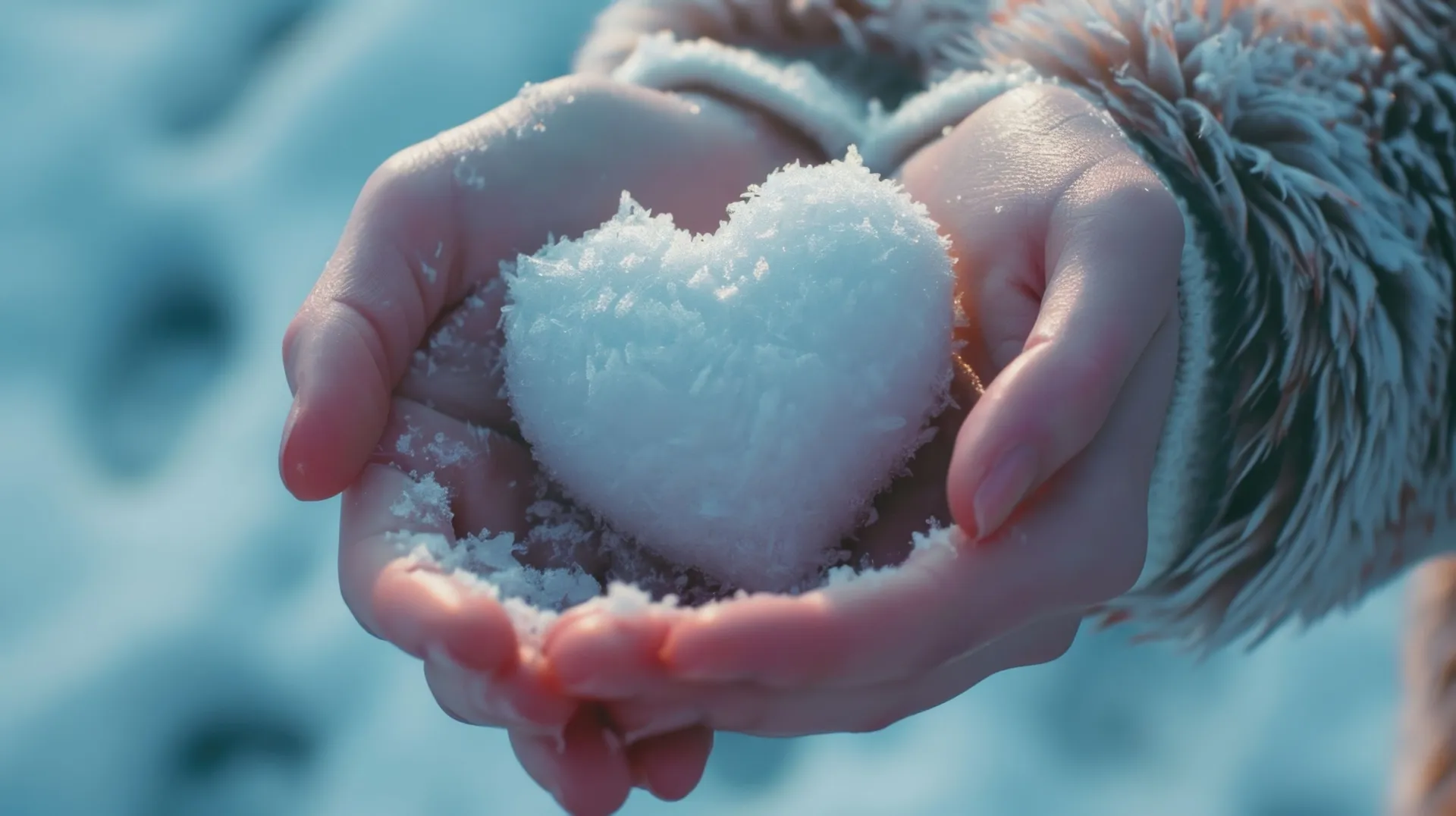 A person holding a snow heart in their hands. Perfect for winter-themed designs and Valentine's Day projects.